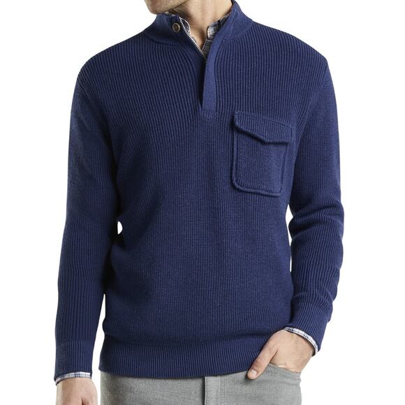 Peter Millar Cotton Wool Ribbed Quarter Zip Sweater Navy Blue Men's Size Med NWT